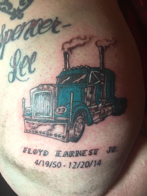 Semi truck memorial piece! Truck Tattoo For Women, Semi Truck Tattoo, Truck Tattoos, Burnt Hats, Truck Tattoo, Transport Truck, Built Truck, Tattoo Cover-up, Big Rig Trucks