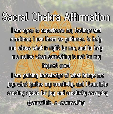 💜✨Continuing with exploring the 7 main chakra points and system, we now arrive at the second main charka- the Sacral Chakra, or the Svadhishthana. This chakra is associated with the colour orange and is situated below the navel, covering areas such as the genitals, reproductive organs, Kidneys, large intestine, and bladder. When the Sacral Chakra is 'tuned', we are able to process our feelings, be open and receptive to the ebb and flow of life, be in touch with our sexual desires, and know what Sacral Chakra Affirmation, Chakra Points, The Sacral Chakra, Flow Of Life, Chakra Affirmations, Clean Diet, Ebb And Flow, Large Intestine, Colour Orange