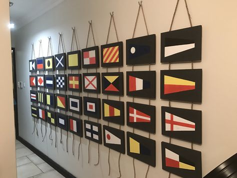 Nautical Flag Art, Flag Art Project, New Hamptons Style, Attic Bonus Room, Nautical Bar, Maritime Flags, Diy Nautical Decor, Sailing Decor, Club Bedroom