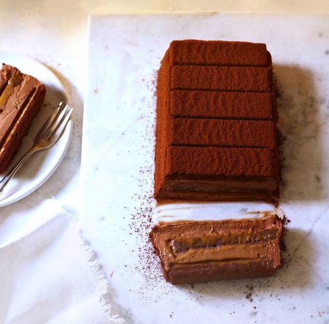 Chocolate caramel terrine Chocolate Terrine, Dinner Party Dessert, Terrine Recipe, Sweet Potato Cheesecake, Peanut Butter Pancakes, Dinner Party Desserts, Chocolate And Caramel, Double Cream, Bbc Good Food