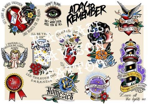 Custom prints and apparel by Melbourne tattoo artist Rachael Davison. A Day To Remember Tattoo, Pierce The Veil Tattoos, Remember Tattoo, Song Names, Mark 10 9, Melbourne Tattoo, Christian Sleeve Tattoo, Flash Sheet, Tattoo Flash Sheet