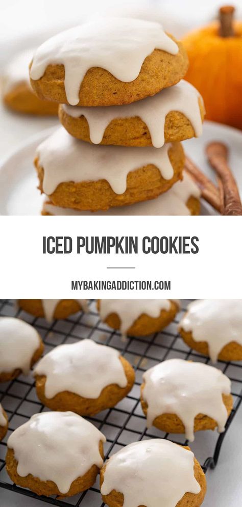 Iced Pumpkin Cookies, Fall Desserts Pumpkin, Soft Pumpkin Cookies, Cookie Icing Recipe, Cinnamon Icing, Pumpkin Cookie Recipe, Pumpkin Desserts, Fall Desserts Easy, Recipes Yummy