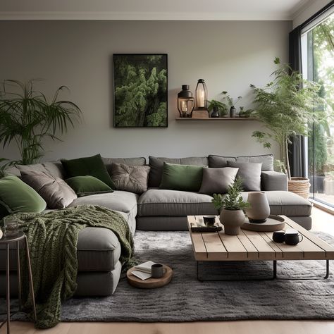 Green and grey, the perfect ballet—a harmonious duo that makes your day!" 💚 Our green and grey cushions on a grey sofa offer a balanced and inviting look for any room. 🌫️ Find your equilibrium at 👉 https://covermycushion.com/pages/cushion-ideas-for-grey-sofas 🌿 #CoverMyCushion #GreenAndGrey #BalancedBeauty Comfortable Minimalist Living Room, Gray Couch Decor Ideas, Cozy Earthy Living Room, Earthy Living Room Ideas, Living Room Design Green, Gray Sofa Living, Green Living Room Decor, Grey Sofa Living Room, Earthy Living Room