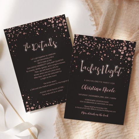 Ladies Night | Back Details | Bachelorette Party for $2.70 - Bachelorette Party Invitations Bachelorette Glam, Bachelorette Card, Glam Invitation, Confetti Background, Bachelorette Party Weekend, Bachelorette Party Invitation, Modern Birthday, Rose Gold Confetti, Lingerie Shower