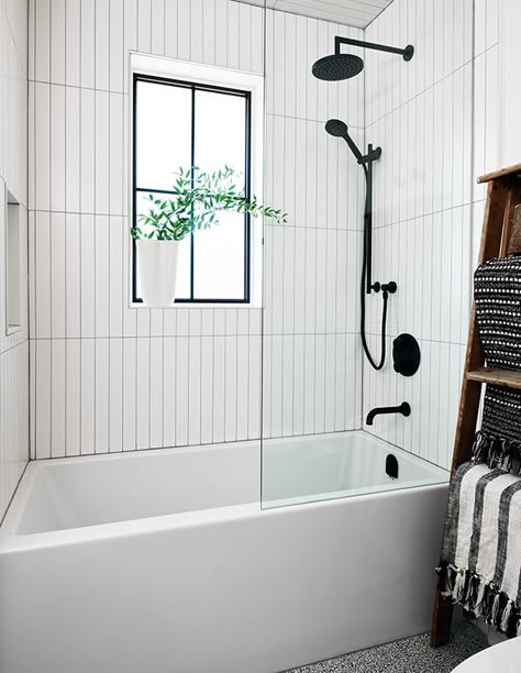 Guest Bath Renovation, Modern Tub Shower Combo Small Baths, Scandinavian Bathroom With Bathtub, Neutral Spa Bathroom Ideas, Small Master Bath With Tub, Small Full Bathroom Remodel With Tub, Compact Bathroom Ideas, Bath Tub Design, Bungalow Bathroom