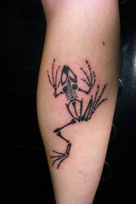 #memorial #frog #skeleton #black #leg #tattoo #studio13tattoomg Overgrown Skeleton Tattoo, Skeleton In Hawaiian Shirt Tattoo, Frog Skeleton Tattoo, Navy Seal Tattoos, Skeleton Tattoo Design, Emma Tattoo, Frog Skeleton, Gecko Tattoo, Tree Frog Tattoos