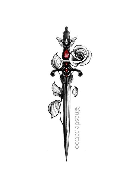 Knife Tattoo Thigh, Fantasy Dagger Tattoo, Rose And Dagger Tattoo, Tattoo Papillon, Dagger Tattoos, Tattoos Feminine, Tattoos Fine Line, Tattoos Quote, Tattoo Designs Small