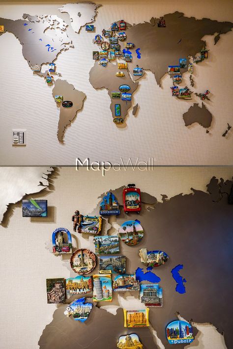 Magnetic stainless steel world map with colourful refrigerator magnets World Map Magnetic Board, Magnet Board For Travel Magnets, Travel Wall Ideas Home Decor, Magnet Wall Ideas, World Map Ideas, Magnet Display Ideas, Travel Magnet Display Ideas, Travel Magnets, Color World Map