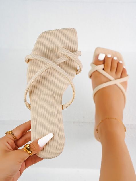 Beige Fashionable Collar   Plain Thong Sandals Embellished   Women Shoes Women Flat Sandals, Foot Jewelry, Cute Sandals, Sandals For Women, Designer Sandals, Womens Sandals Flat, Stylish Shoes, Thong Sandals, Pump Shoes