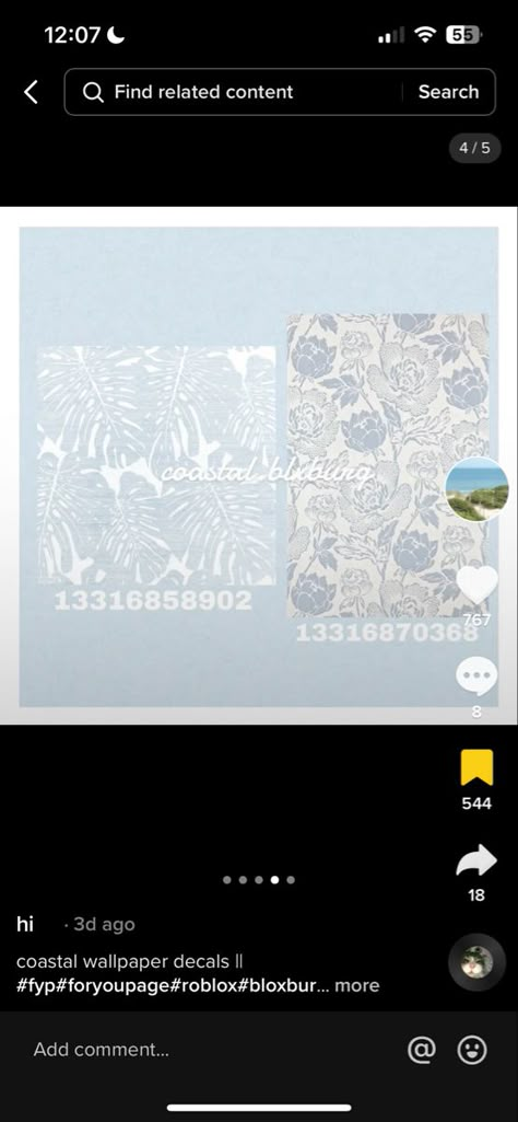 Bloxburg Coastal Wallpaper Decal, Bloxburg Color Schemes Beach House, Beach Wallpaper Bloxburg, Bloxburg Ocean Picture Codes, Bloxburg Costal Wallpaper Decal Codes, Coastal Wallpapers Bloxburg, Costal Home Layout, Bloxburg Coastal Wall Decals, Bloxburg Coastal House Exterior Layout