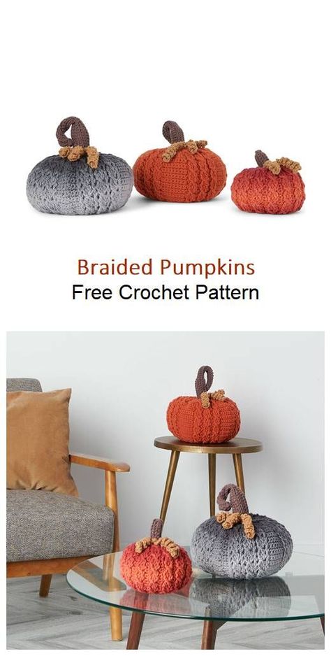 Braided Pumpkins Free Crochet Pattern for Halloween Bernat Super Value Yarn, Braided Crochet, Autumn Crochet, Crochet Pumpkins, Heart Braid, Crochet Crowd, Anchor Embroidery, Ombre Yarn, Crochet Fall