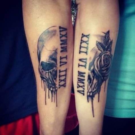 Skulls Couple Tattoo, Couples Tattoos Skull, Ride Or Die Tattoo Couple, Matching Skull Tattoos For Couples, Friendship Tattoos Unique, Skull Matching Tattoos, Skull Tattoos For Couples, Best Couple Tattoos Unique, Matching Skull Tattoos