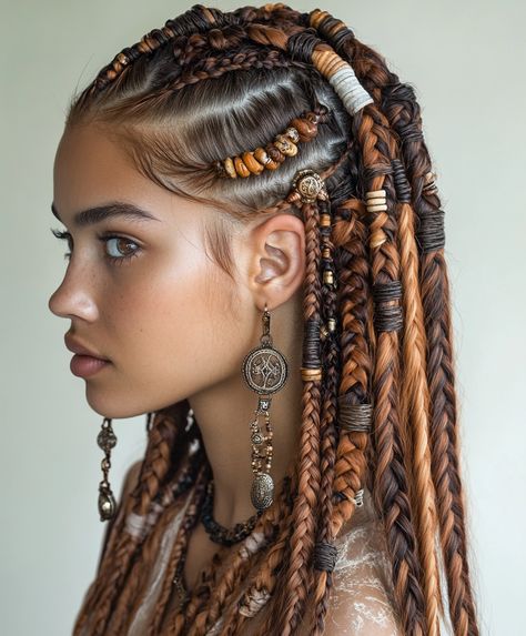 Bold braids with accessories Easy Viking Hairstyles Women, Braids With Accessories, Braided Hairstyles Black, Winter Hair Color Trends, Viking Aesthetic, Beads Rings, Viking Braids, Hair Cuffs, Viking Hair