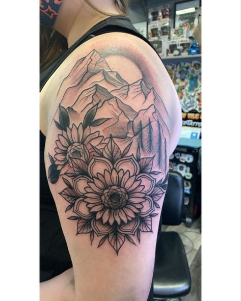 Tattoo Mountain, Mountain Tattoo, Sunflower Tattoo, Tattoo Idea, I Tattoo, Sunflower, Tattoos