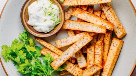 Taro Fries with Cilantro Mayo - Full of Plants Taro Fries, Cilantro Mayo, Cilantro Substitute, Taro Recipes, Breakfast Cheese, Crispy Fry, Vegan Mayonnaise, Vegan Yogurt, Gluten Free Grains