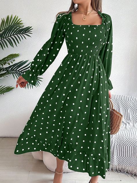 Green Casual Collar Long Sleeve Woven Fabric Geometric,Polka Dot,All Over Print A Line Embellished Slight Stretch  Women Clothing Green Polka Dot Dress, Summer Elegant, Green Polka Dot, Women Long Dresses, Square Necklines, Polka Dot Print, Hem Dress, Polka Dot Dress, Dot Print