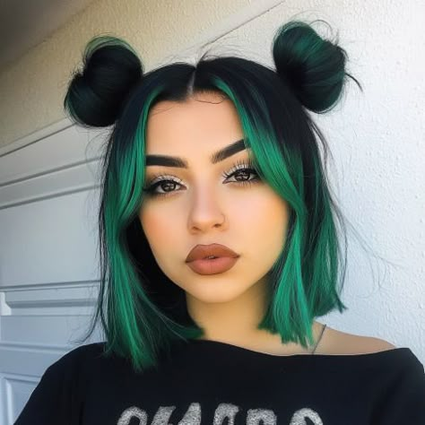 48 green bob hairstyles to freshen up your look Green Hair Hairstyles, Deep Green Hair, Kylie Jenner Green Hair, Green And Black Hair, Green Hairstyles, Short Green Hair, Green Bob, Dark Bob, Emerald Green Hair