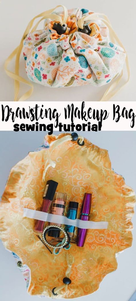 drawstring makeup bag sewing tutorial for round makeup bag pattern from Life Sew Savory Sew Free Pattern, Makeup Bag Sewing, Bags To Sew, Makeup Bag Tutorials, Drawstring Makeup Bag, Makeup Bag Pattern, Bag Sewing Tutorial, Round Makeup, Diy Makeup Bag