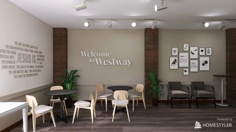 Westway Church Lobby Redesign - Version 2 design ideas & pictures (61 sqm)-Homestyler Small Church Lobby Design, Church Lobby Design Foyers, Church Foyer Ideas Lobbies, Multipurpose Room Design, Church Layout, Lobby Cafe, Small Lobby, Church Lobby Design, Church Foyer