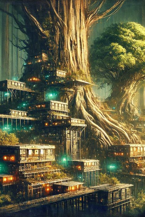 Step into a mesmerizing tree city nestled within ancient forests. 🌳✨ This fantastical world showcases a seamless blend of architecture and nature, with homes and pathways integrated into colossal trees. Discover the magic of living in harmony with nature. Visit for more inspiration. #FantasticalCity #NatureLovers #EcoArchitecture #FantasyWorld #TreeCity Fantasy Market, Living In Harmony, In Harmony With Nature, Eco Architecture, Harmony With Nature, Anime Backgrounds, Ancient Forest, Green Technology, Anime Backgrounds Wallpapers