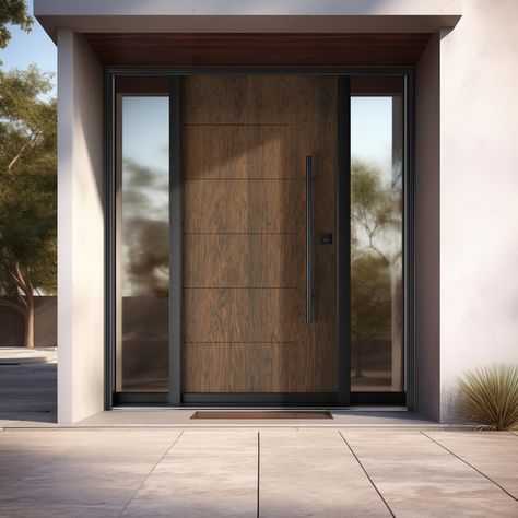 A premium high-quality fiberglass entry door with embedded lines (grooves) on the door panel - FR20G (Transitional Collection). Purchase directly from the manufacturer online! https://doorshoppers.com/exterior-doors/fr20g-single-entry-door-with-two-sidelites *** Customers build their custom-made doors. However, the standard options include (without the additional upcharges above) the following: - Threshold in mill finish; - Maintenance-free 4-9/16" PVC composite jambs; - 1-1/2" exterior trim... Modern Fiberglass Front Door, House Entry Doors, Villa Doors, Wide Front Doors, Single Entry Doors, Modern Mountain House, Mountain Modern Home, Fiberglass Front Door, Fiberglass Entry Doors