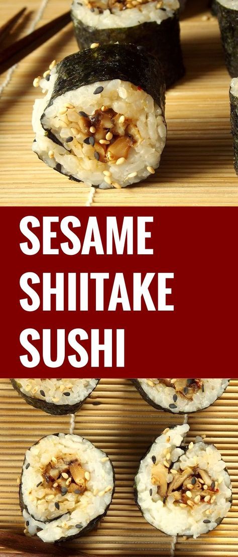 Sesame Shiitake Sushi Vegan Mushroom Sushi, Mushroom Onigiri, Mushroom Sushi Roll, Mushroom Sushi, Vegan Japanese Food, Dessert Chef, Vegetarian Sushi, Veggie Sushi, Vegan Japanese