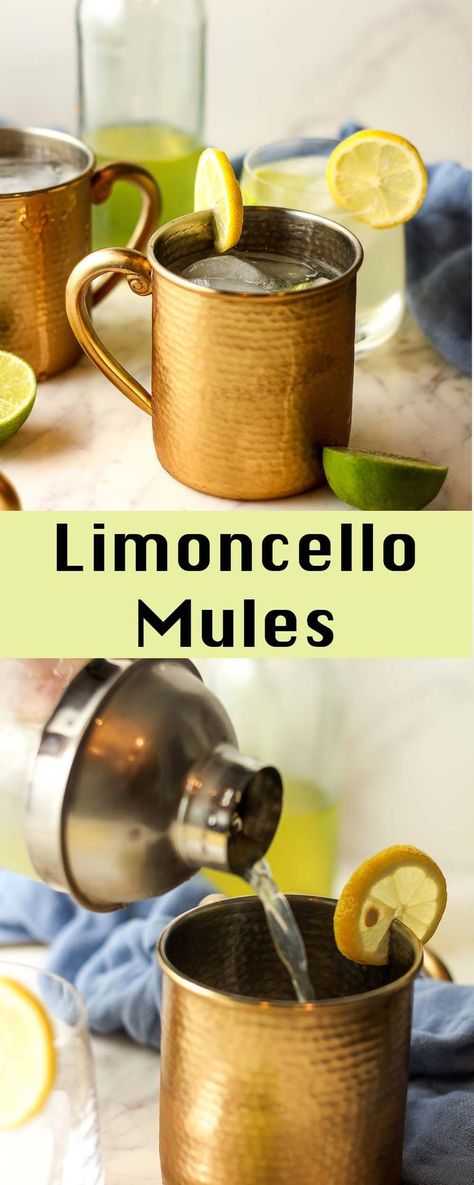 Limoncello Mules combine vodka, limoncello, ginger beer, fresh limes, and lots of ice. These are a fun twist on the classic mule recipe and are refreshing on warm summer nights! Drinks With Lemoncello, Limoncello Mule, Mule Drink Recipes, Bourbon Mule, Bourbon Drinks Recipes, Happy Hour Food, Mule Recipe, Bourbon Drinks, Tex Mex Recipes