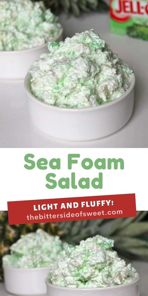 Sea Foam Salad is the perfect no bake dessert anytime of the year! We love for around the holidays! Just a few simple ingredients and it is ready to go! | The Bitter Side of Sweet Dessert Salad Recipes, Lime Jello Salads, Fluff Salad Recipes, Jello Dessert Recipes, Homemade Snickers, Fluff Desserts, Fitness Humor, Jello Desserts, Cookies Bars