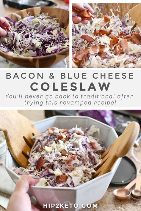 Bacon Coleslaw Recipe, Blue Cheese Slaw, Blue Cheese Coleslaw Recipe, Keto Burger Sides, Keto Slaw, Keto Blue Cheese, Keto Coleslaw Recipe, Bacon Slaw, Blue Cheese Coleslaw