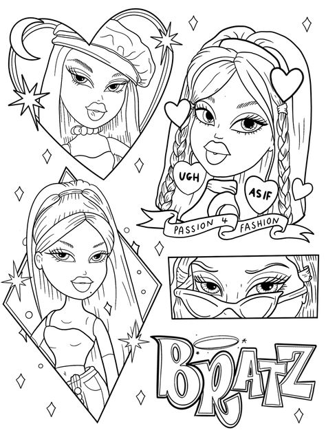 Bratz Coloring Pages, Aesthetic Colouring Pages Printable, Y2k Coloring Pages, Aesthetic Coloring Pages, Bratz Coloring, Coloring Designs, Desen Realist, Kitty Coloring, Easy Coloring