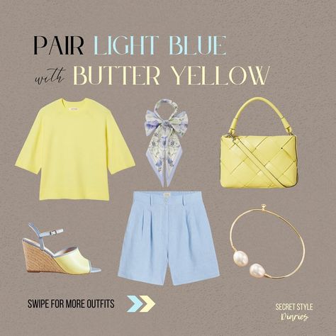 Spring-summer colour combo I’m loving- light blue & butter yellow! 🌼🦋 See how I style these colours together with different outfits. Follow The Secret Style Diaries for more colourful outfit inspo and styling tips! 🩵 💛 #springfashion #springsummer #springtrends2024 #whatstrendingnow #fashionpost #chiclooks #fashionblogger #lookbook #instafashion #pastelaesthetic #pasteloutfits #paste... Light Blue And Yellow Outfit, What Is Trending Now, Style Moodboard, 2024 Outfits, Pastel Outfit, Colour Combo, Yellow Outfit, Butter Yellow, Different Outfits