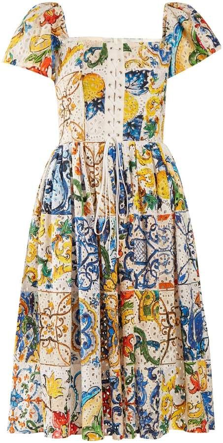 DOLCE & GABBANA Majolica-print cotton broderie-anglaise midi dress. Midi dress fashions. Disclosure: My pins are affiliate links, meaning, at no additional cost to you, I will earn a commission if you click on the link and/or make a purchase. Cotton Dresses Midi, Dolce And Gabbana Dress, Sicilian Tiles, Batiste Dress, Majolica Print, White Sundress, Fashion Corner, Dolce Gabbana Dress, Tile Print