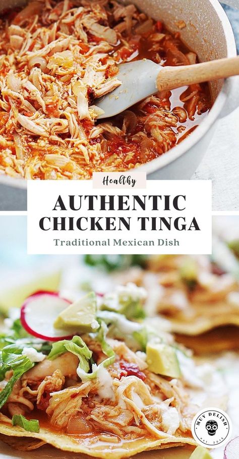 Chicken Tinga is a traditional Mexican dish made of shredded chicken onions and tomatoes in a tomato adobo sauce plus a couple of secret ingredients. It’s the perfect weeknight dish as it all comes together in about 30 minutes! Mexican Chicken Tinga Recipe, Authentic Chicken Tinga, Mexican Chicken Breast Recipes, Mexican Chicken Breast, Tinga Recipe, Chicken Tinga Recipe, Chicken Tinga, Onions And Tomatoes, Rotisserie Chicken Breast