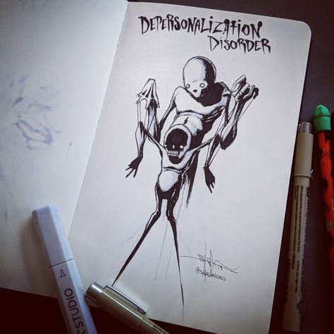 Shawn Coss on Instagram: “Depersonalization Disorder - Inktober Illness II - Day 6 www.amnclothing.com - all previous inktober series now available on hoodies with…” Being Numb, Depersonalization Disorder, Shawn Coss, Creepy Drawings, Dark Art Drawings, Mental Disorders, Strong Love, Dark Art Illustrations, Creepy Art