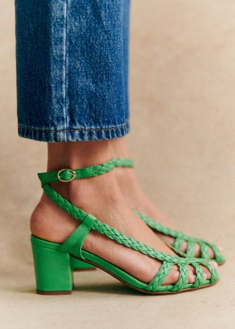 Natacha Sandals - Bright green woven - Smooth ovine leather - Sézane Woven Sandals, Wrap Heels, Woven Raffia, Sheep Leather, Shoe Lover, Rubber Heels, Mode Inspiration, Bright Green, Parisian Style