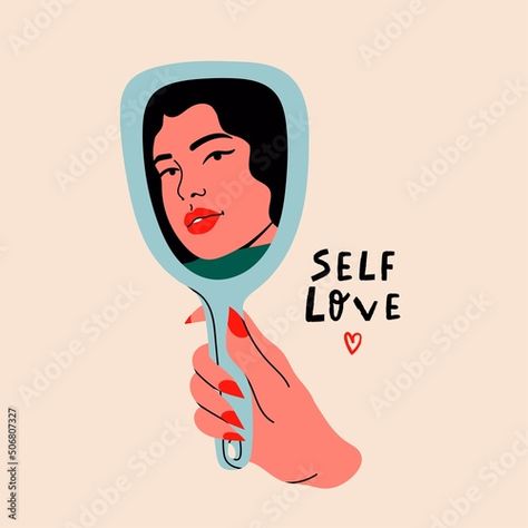 Stock Image: Woman's hand holding mirror reflexing her beautiful face. Lady staring at herself in mirror reflection. Hand drawn isolated Vector illustration. Cartoon flat style. Self love, acceptance concept Hand Holding Mirror, Holding Mirror, Mirror Illustration, Mirror Reflection, Valentines Art, Illustration Cartoon, Best Sister, Paint And Sip, Hand Holding