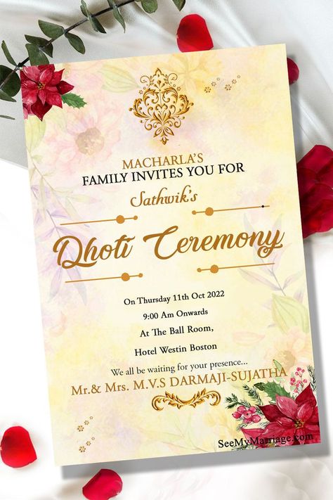 Traditional Dhoti Ceremony Invitation Card In Cream Theme, Dhoti Function Invitation Cards, Dhoti Ceremony Invitation, Dhoti Ceremony, Ceremony Invitation Card, Maroon Flowers, Ceremony Invitation, Traditional Invitation, House Warming Invitations, Themes Free