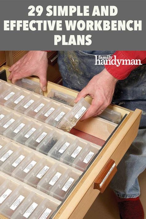 Workbench Tool Organization, Diy Shed Workbench, Diy Workbench Plans How To Build, Workbench Add Ons, Workbench With Shelves, How To Make A Workbench, Garage Workbench Storage, Workshop Drawer Organization, Under Workbench Storage