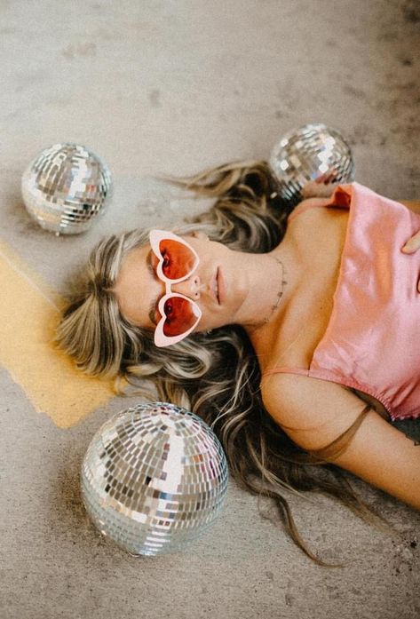 Fun Senior Session Ideas, Discoball Photoshoot Ideas, Disco Cowgirl Photoshoot, Personality Photoshoot, Fun Birthday Photoshoot Ideas, Groovy Photoshoot, 13th Birthday Photo Shoot Ideas, 40 Year Old Photo Shoot Picture Ideas, Playful Photoshoot