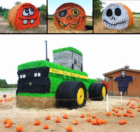 HALLOWEEN HAY BALE ART - The Keeper of the Cheerios Round Hay Bale Decorating Ideas, Hay Bale Halloween, Hay Bale Pumpkin, Halloween Hay Bale, Halloween Hay Bales, Pumpkin Hay Bale, Hay Bale Decorating Ideas, Decorated Hay Bales, Hay Bale Fall Decor