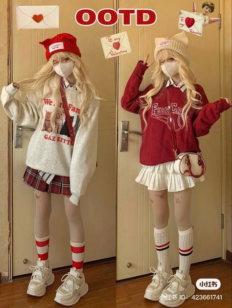 Cute Dnd Outfits, Warm Valentines Outfit, Starflesh Core Aesthetic Outfits, Girly Korean Outfits, Anime Style Clothes, Harajuku Jacket, Red And White Outfits, Mode Kawaii, Kawaii Fashion Outfits