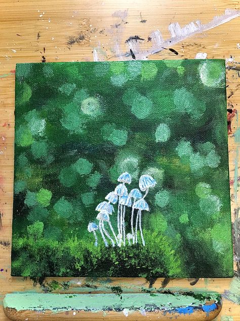 Moss Painting Acrylic, Mushroom Canvas Painting, Mushrooms Cottagecore, Mushroom Paintings, Art Mushrooms, Mushroom Canvas, Mushroom Paint, Mini Mushroom, Paint And Sip