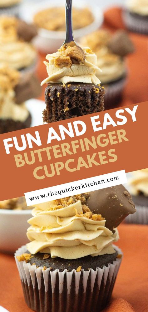 Butterfinger cupcakes bring the flavors of your favorite candy bar into a homemade chocolate cupcake topped with peanut butter frosting. Everyone will want to lay a finger on these Butterfinger cupcakes! Butterfinger Cupcakes, Homemade Chocolate Cupcakes, Peanut Butter Frosting, Peanut Butter Powder, Butter Frosting, Candy Bars, Favorite Candy, Homemade Chocolate, Chocolate Cupcakes