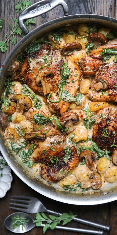 Creamy Chicken and Gnocchi with Spinach and Mushrooms in a stainless steel pan. Chicken Mushroom Gnocchi, One Pan Chicken And Gnocchi, Chicken And Gnocchi Recipes, Creamy Chicken And Gnocchi, Julia's Album, Chicken And Gnocchi, Gnocchi Dishes, Amish Chicken, Baked Gnocchi