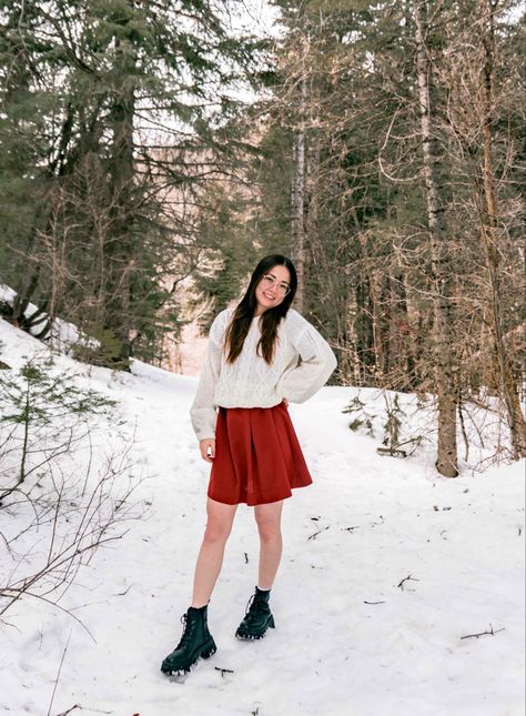 white cable knit sweater red dress skirt boots women’s fashion outfit winter inspo aesthetic OOTD Red Skirt Winter Outfit, Winter Inspo Aesthetic, Black Maxi Skirt Outfit, Winter Layering Outfits, Skirt Boots, White Cable Knit Sweater, Aesthetic Ootd, Red Sweater Dress, Sweater Dress Outfit