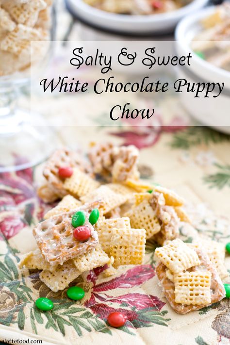 White Chocolate Puppy Chow | A Latte Food White Chocolate Puppy Chow Recipe, White Chocolate Puppy Chow, Chocolate Puppy Chow, Chex Mix Recipes Original, Puppy Chow Christmas, Puppy Chow Chex Mix Recipe, Puppy Chow Recipe, Christmas Cds, Chex Mix Puppy Chow