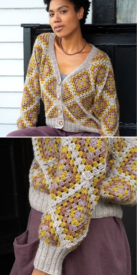 Lovely Crochet Cardigans Ideas. This fantastic crochet cardigan in the pictures below turns the typical granny square cardigan on its side, right? It’s simple and timeless, not to mention that granny squares have made a grand comeback in the last few months! It’s finished off beautifully with knitted button bands and cuffs. What do you think about the colors? Are they your style? #freecrochetpattern #women #cardigan Cardigans Crochet, Crochet Wear, Gilet Crochet, Crochet Sweater Pattern Free, Mode Crochet, Diy Blouse Pattern, Crochet Dresses, Crochet Jacket, Crochet Cardigan Pattern