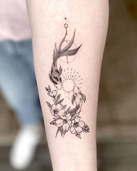 Pisces Cherry Blossom Tattoo, Lotus Fish Tattoo, Koi With Flowers Tattoo, Flowers And Fish Tattoo, Koi Fish Floral Tattoo, Koi Cherry Blossom Tattoo, Koi And Cherry Blossom Tattoo, Floral Fish Tattoo, Daffodil And Cherry Blossom Tattoo