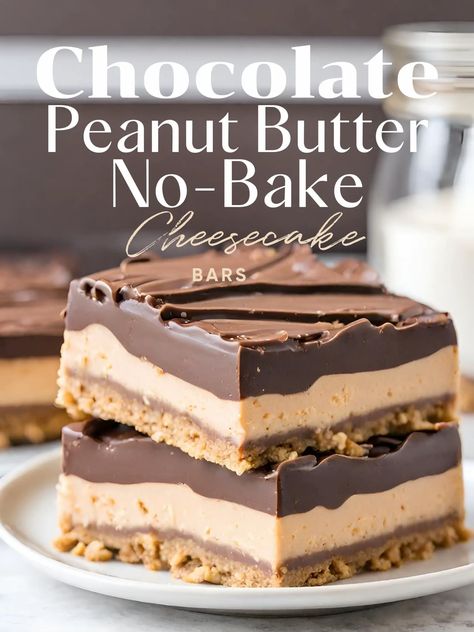 Ingredients: Crust: 2 cups crushed graham crackers 1/2 cup melted butter Peanut Butter Layer: 8 oz. cream cheese, room temperature Chocolate Peanut Butter Cheesecake Bars, Peanut Butter Cheesecake Bars, Cracker Dessert, Chocolate Peanut Butter Cheesecake, Peanut Butter No Bake, Peanut Butter Chocolate Bars, Peanut Butter Cheesecake, Bake Cheesecake, No Bake Bars