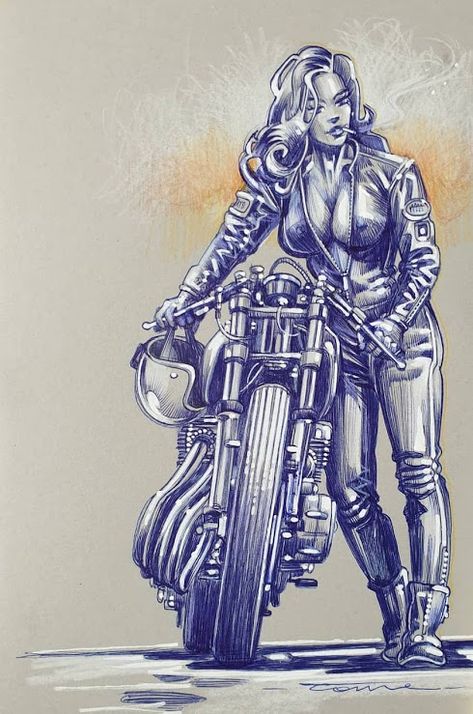 Ottonero Cafe Racer Motorbike Illustration, Art Moto, Bike Artwork, Female Motorcycle Riders, Motorbike Art, Comic Book Girl, Capricorn Tattoo, Motorcycle Drawing, Biker Tattoos